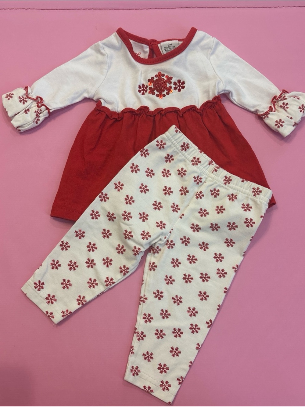 ellemenno Christmas Red and White Baby Dress & Pants Set with Sequin Snowflakes
